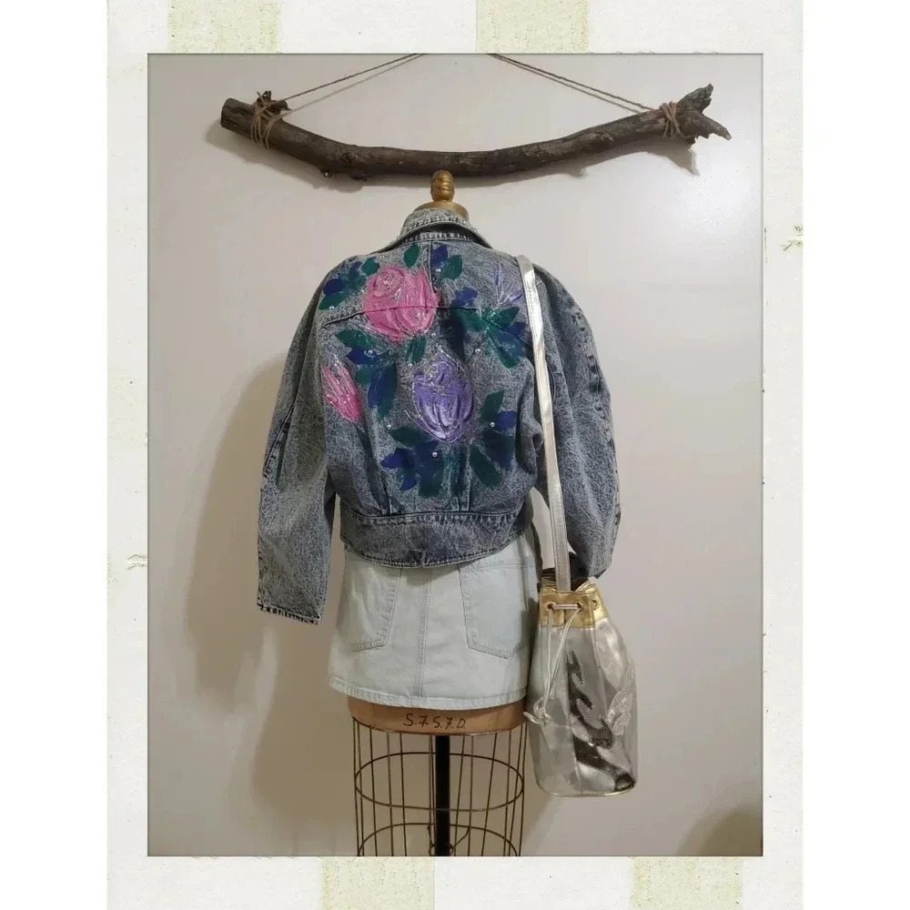 Vintage 80s Bedazzled Floral Glitter Batwing Oversized Denim Blue Jean Jacket